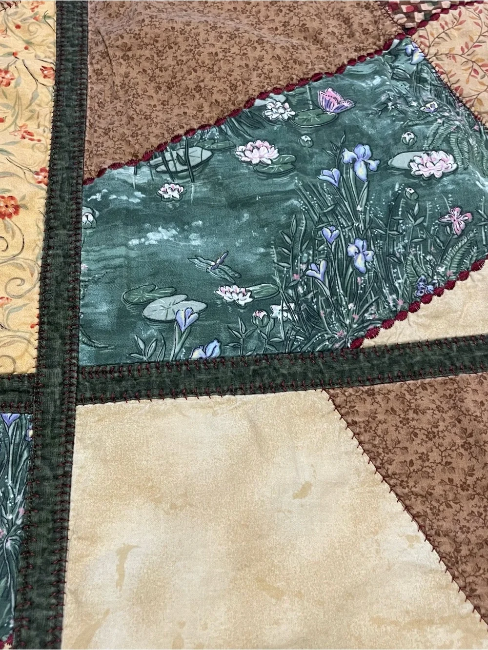 Handmade Patchwork Lap Quilt - Brown, Cream & Green with Lilly Pads